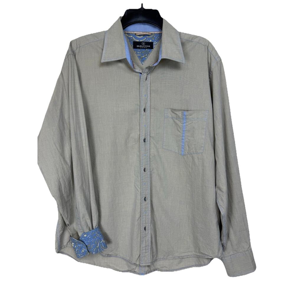 Bugatchi UOMO Men's Shirt Sz L Long Sleeve Button Up Flip Cuff Gray Blue Trim